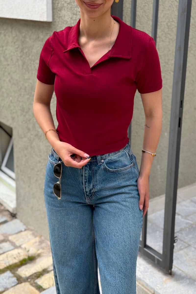 ONE COLOR POLO NECK WOMAN T-SHIRT BURGUNDY/VISHNJE - 4