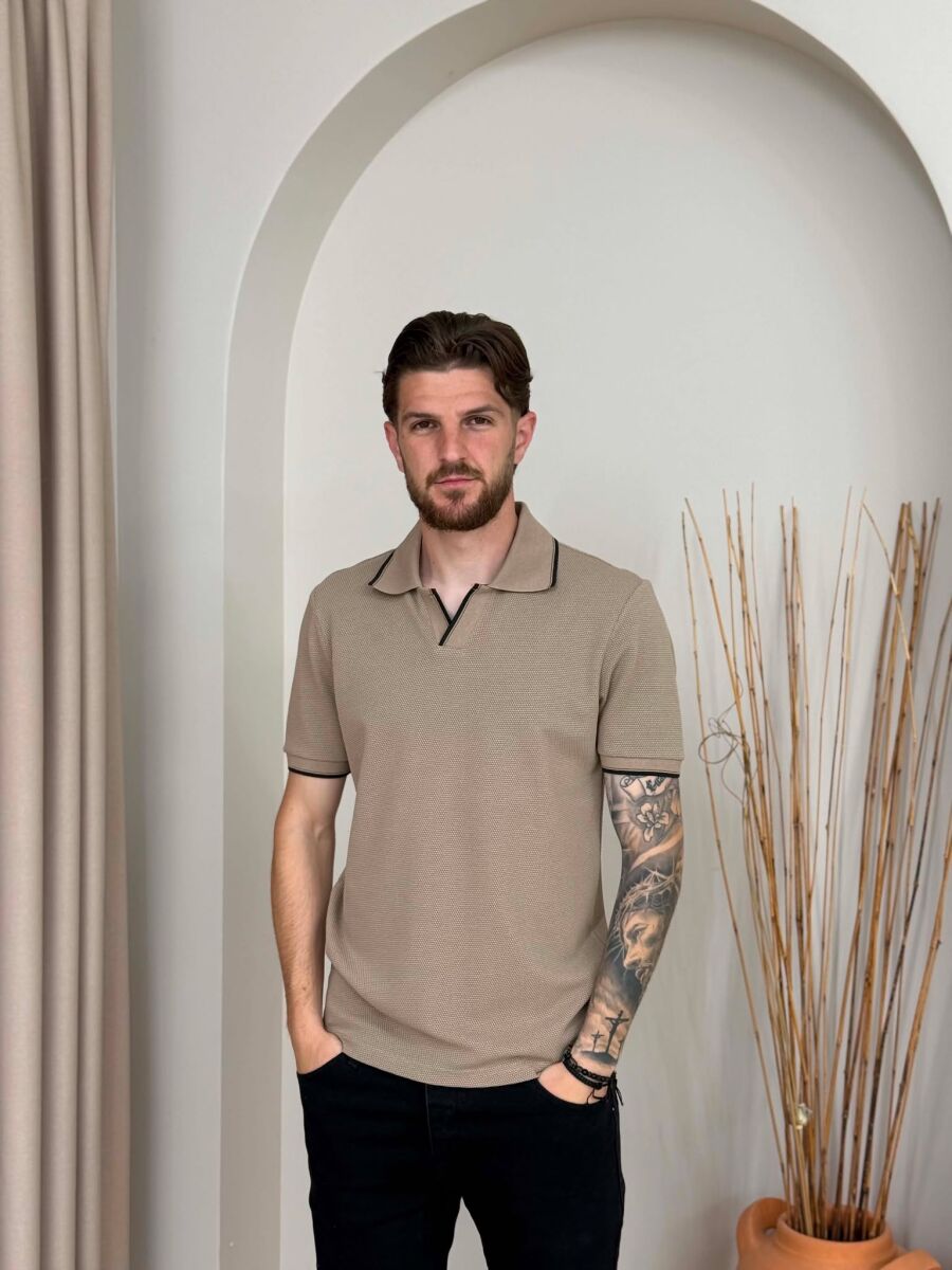 ONE COLOR POLO NECK MEN T-SHIRT LIGHT BROWN/KAZB - 1