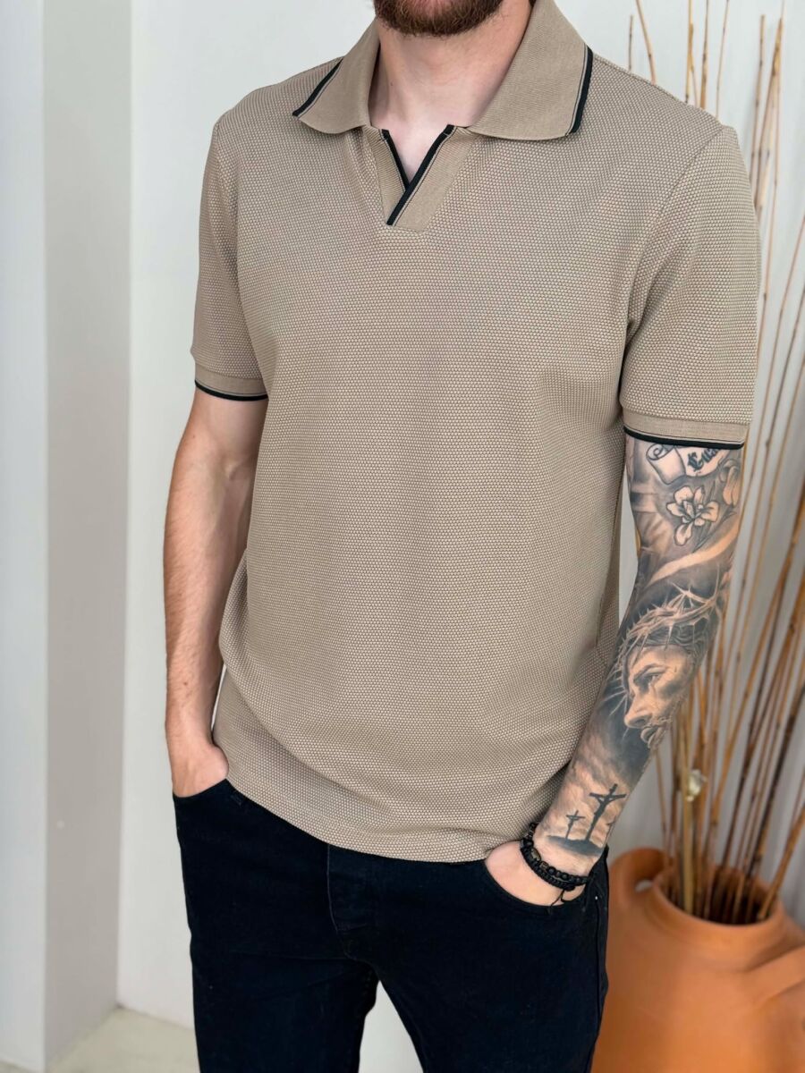 ONE COLOR POLO NECK MEN T-SHIRT LIGHT BROWN/KAZB - 3