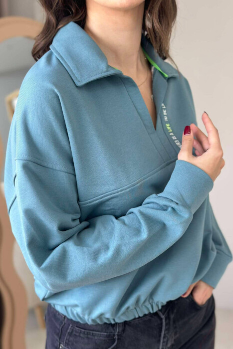 ONE COLOR POLO NECK WOMEN BLOUSE BLUE STONE/GK - 3