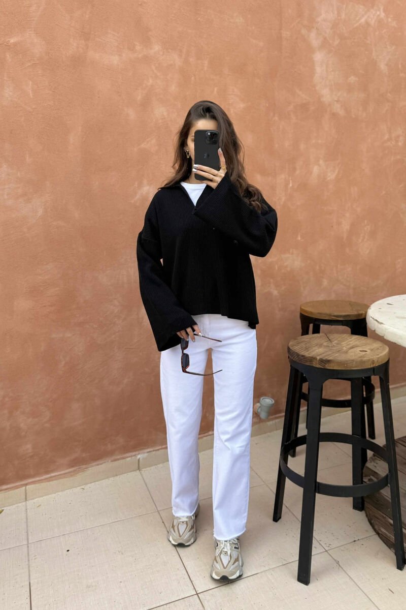 ONE COLOR POLO NECK WOMEN SWEATER BLACK/ E ZEZE - 1