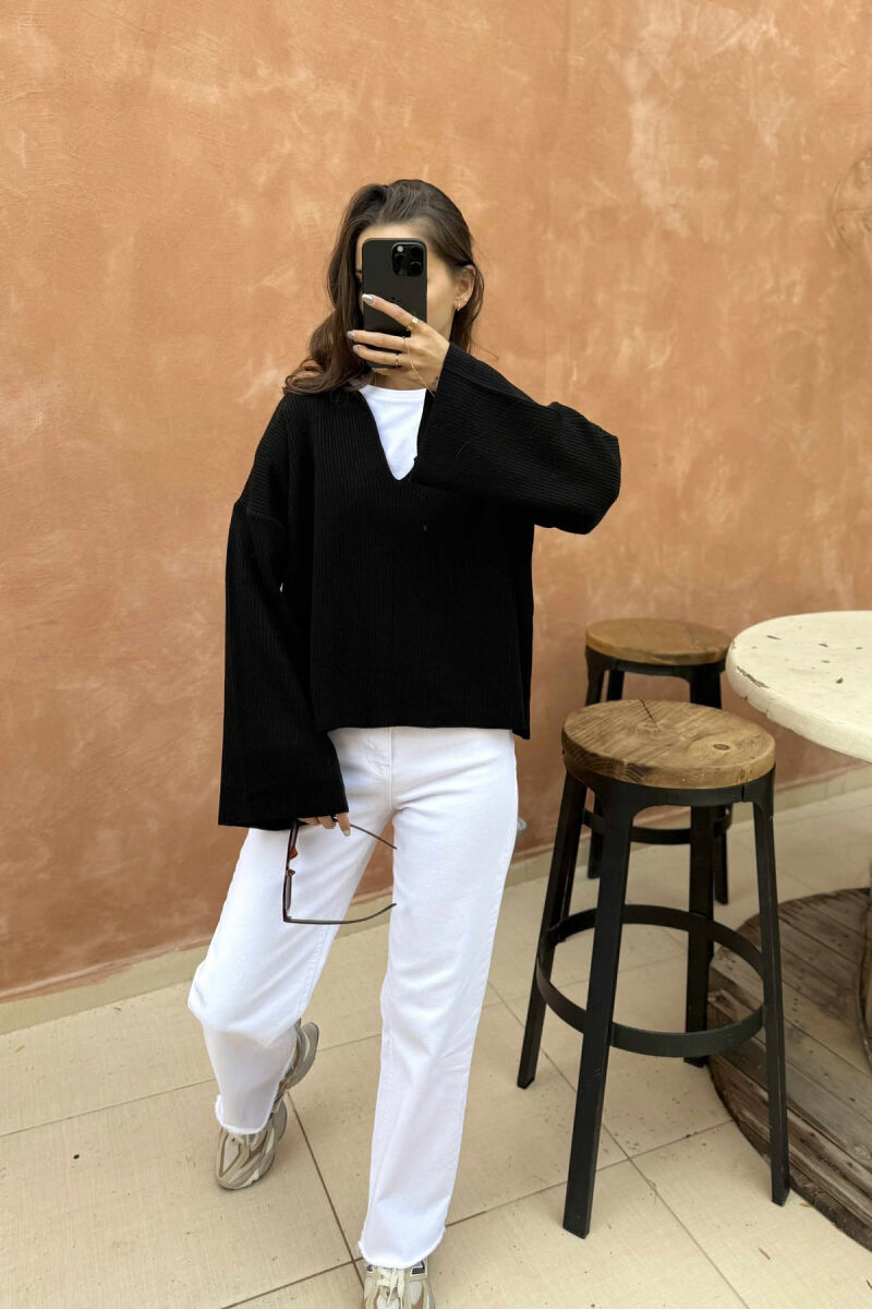 ONE COLOR POLO NECK WOMEN SWEATER BLACK/ E ZEZE - 3