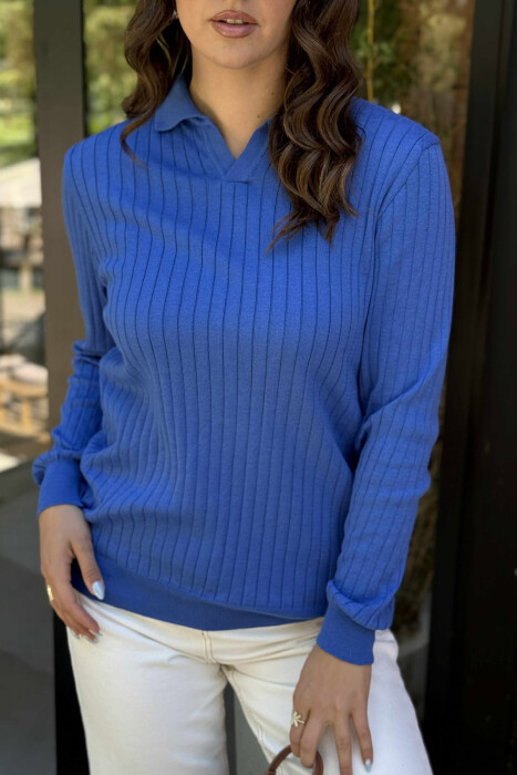 ONE COLOR POLO NECK WOMEN SWEATER BLUE/BLU - 4