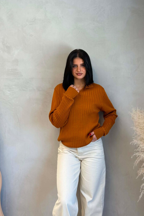 ONE COLOR POLO NECK WOMEN SWEATER BRICK/TULLE - 4