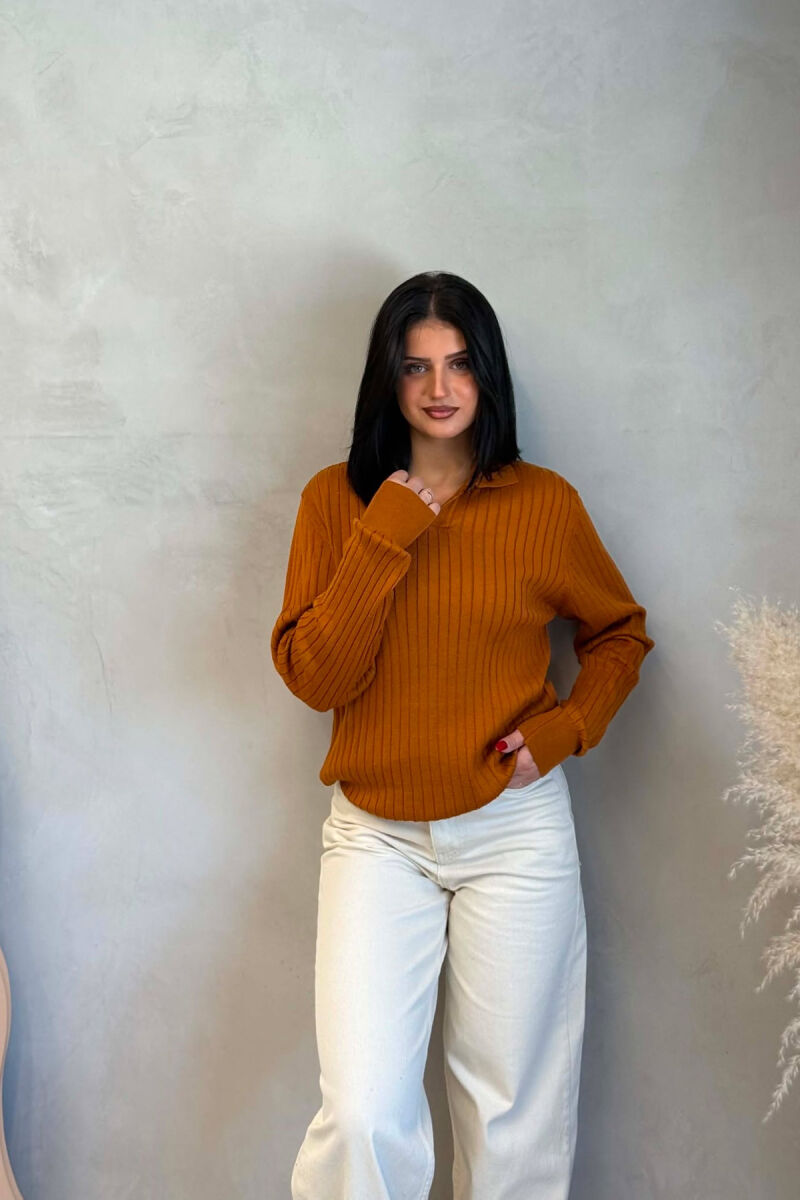 ONE COLOR POLO NECK WOMEN SWEATER BRICK/TULLE - 4