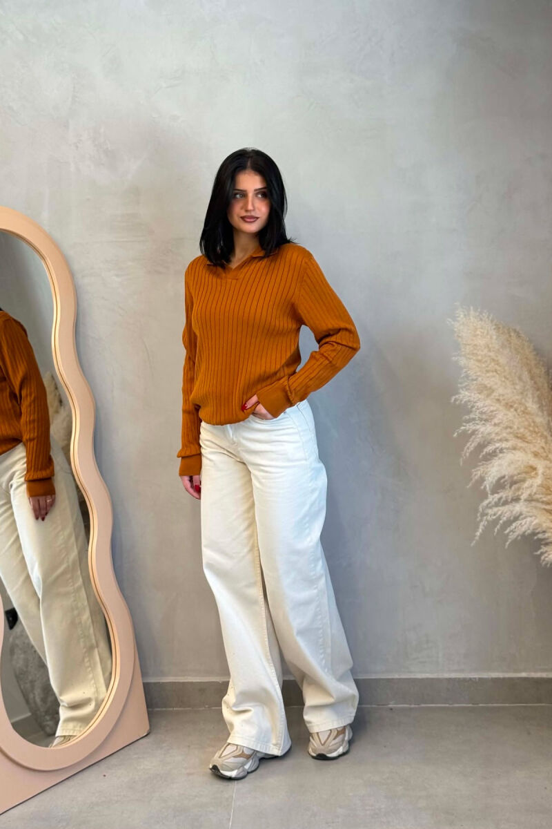 ONE COLOR POLO NECK WOMEN SWEATER BRICK/TULLE - 6
