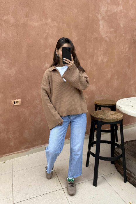 ONE COLOR POLO NECK WOMEN SWEATER BROWN/KAFE 
