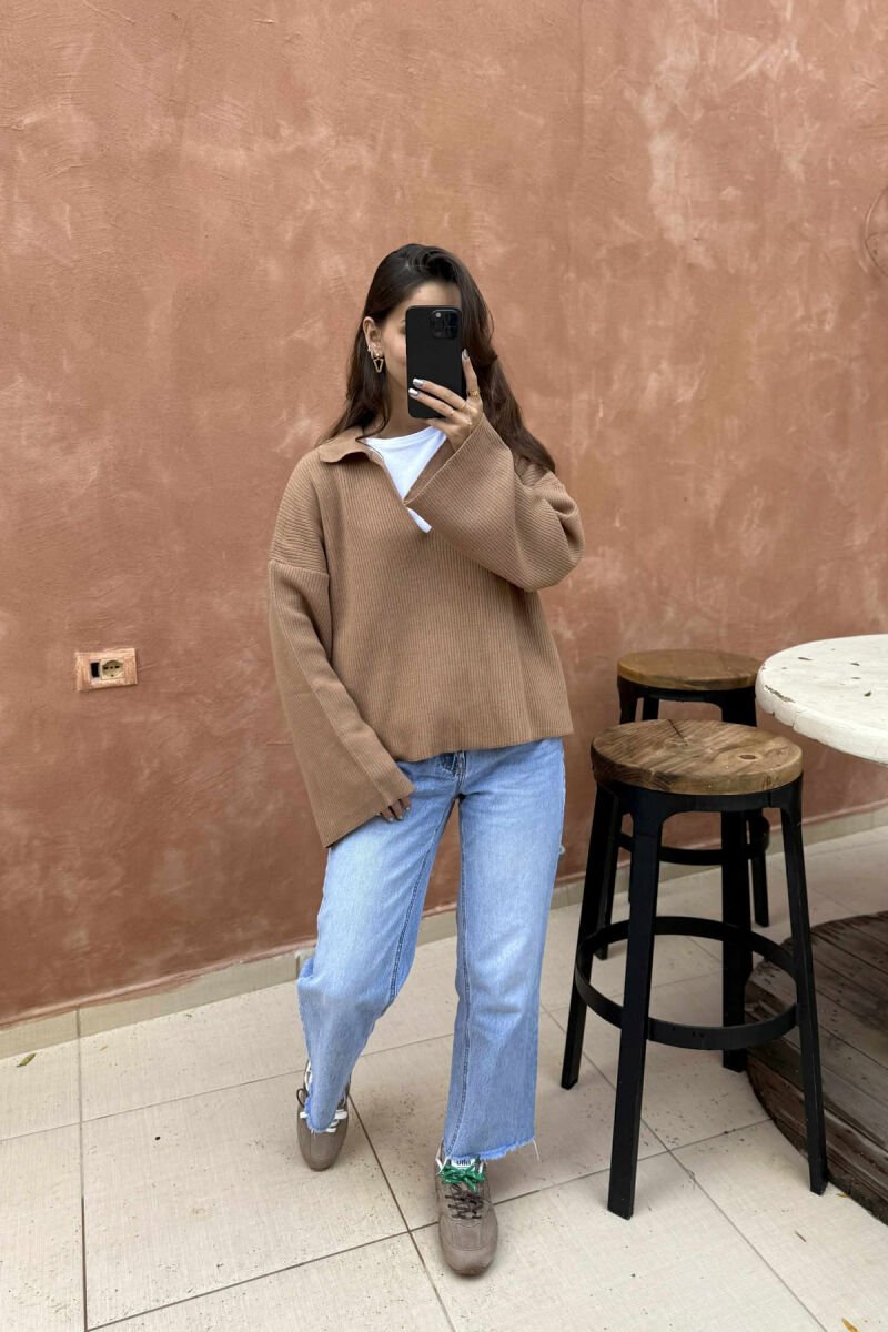 ONE COLOR POLO NECK WOMEN SWEATER BROWN/KAFE - 1