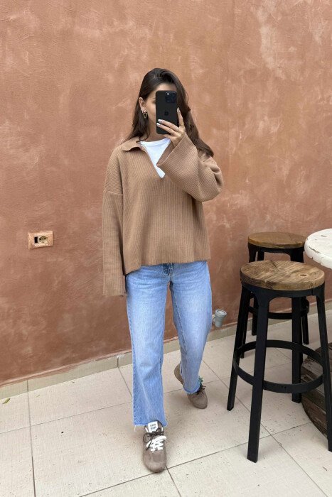 ONE COLOR POLO NECK WOMEN SWEATER BROWN/KAFE - 2