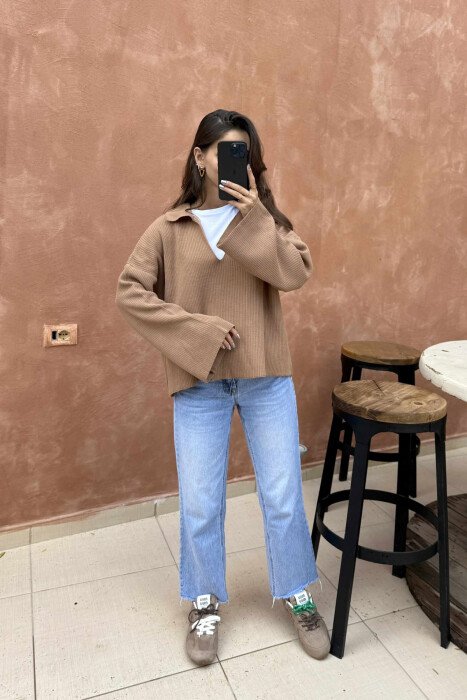 ONE COLOR POLO NECK WOMEN SWEATER BROWN/KAFE - 3
