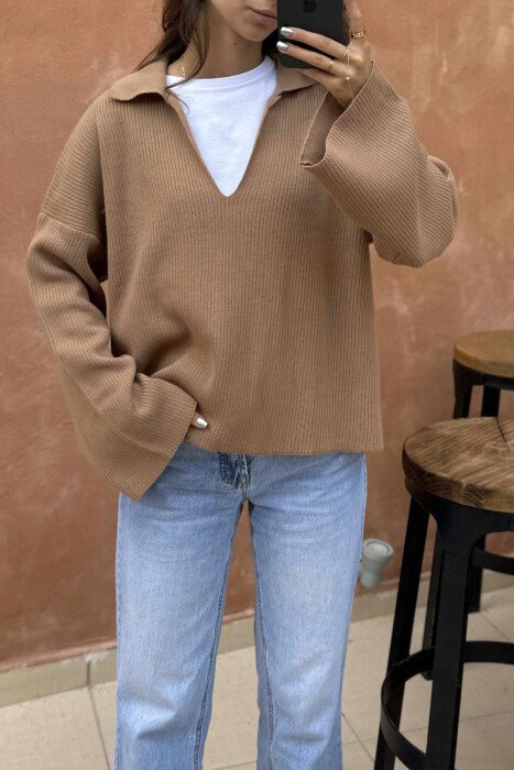 ONE COLOR POLO NECK WOMEN SWEATER BROWN/KAFE - 4