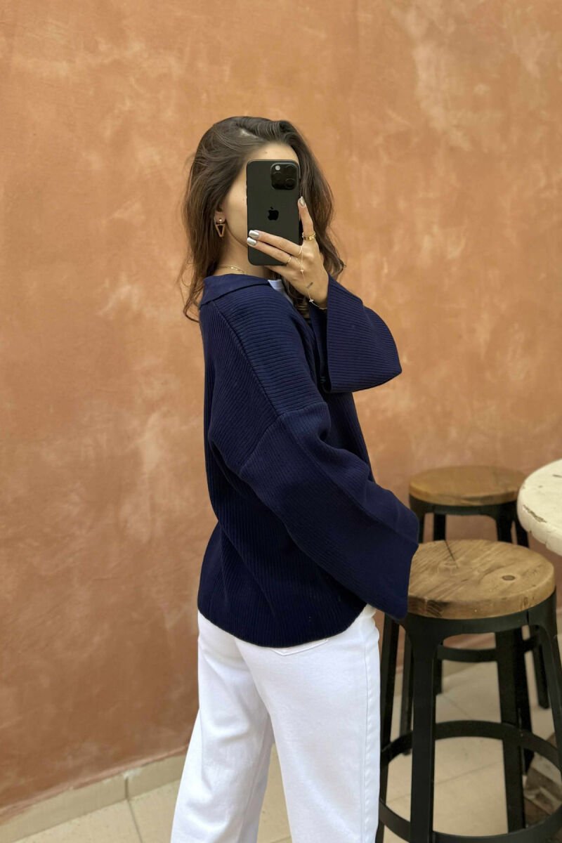ONE COLOR POLO NECK WOMEN SWEATER DARK BLUE/BEE - 3