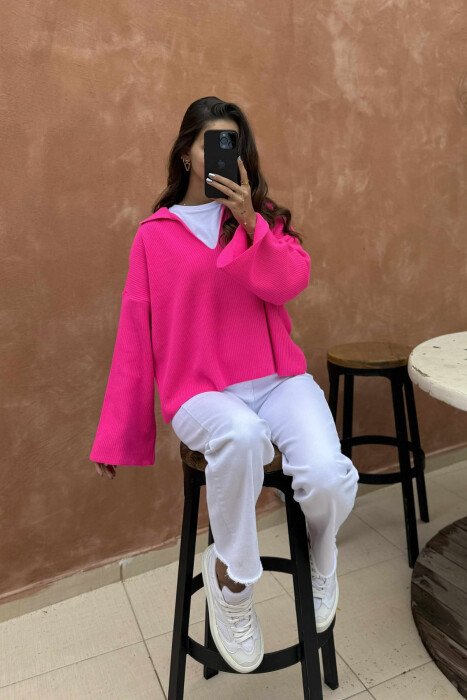 ONE COLOR POLO NECK WOMEN SWEATER FUCHSIA/CIKLAMI 