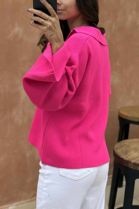 ONE COLOR POLO NECK WOMEN SWEATER FUCHSIA/CIKLAMI - 2