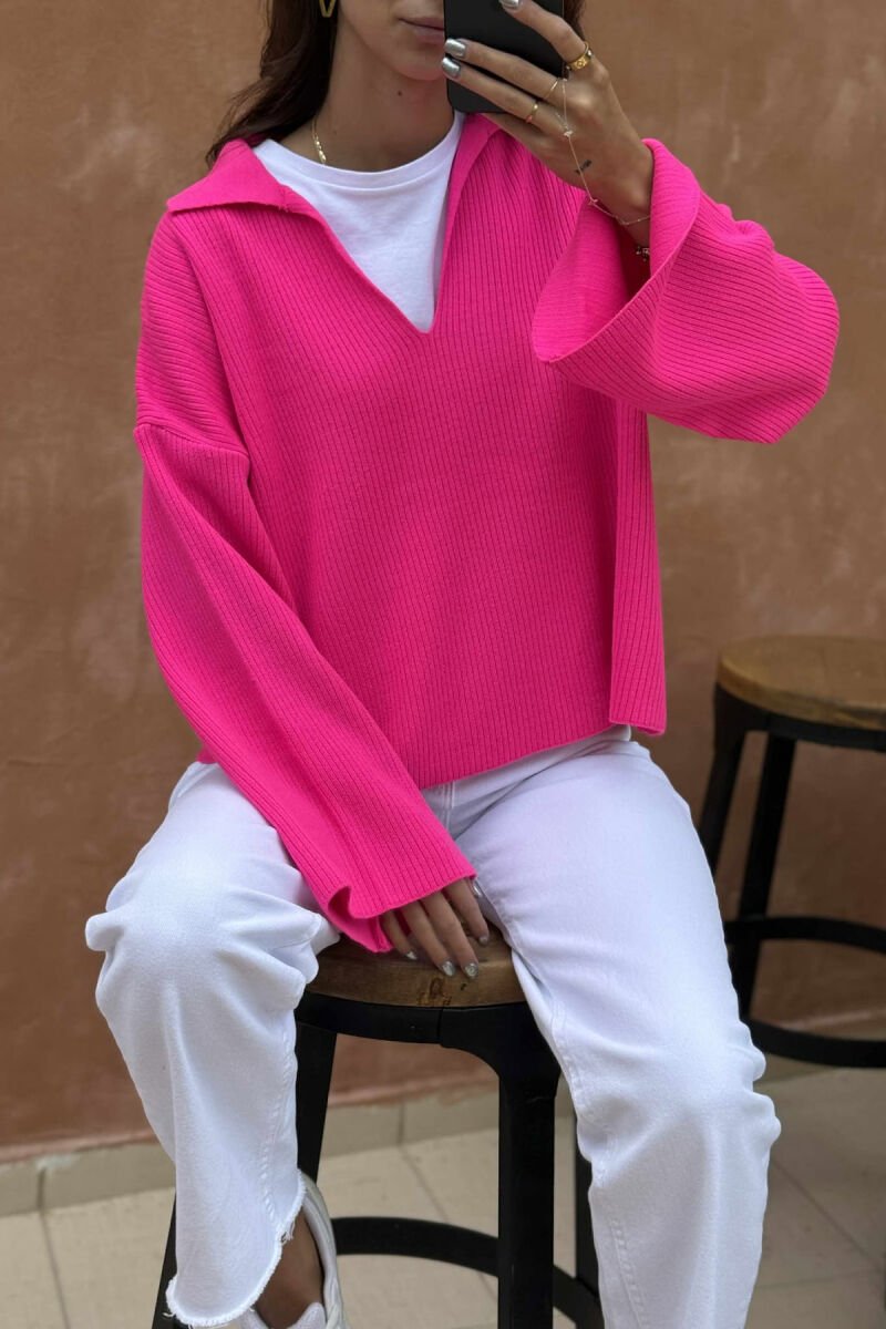 ONE COLOR POLO NECK WOMEN SWEATER FUCHSIA/CIKLAMI - 3