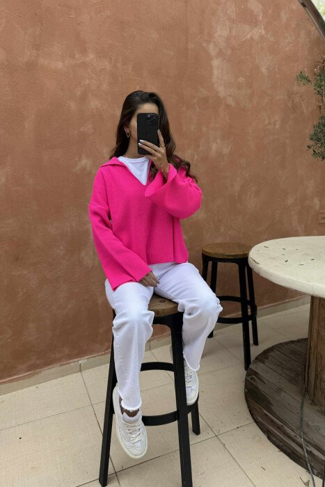 ONE COLOR POLO NECK WOMEN SWEATER FUCHSIA/CIKLAMI - 4