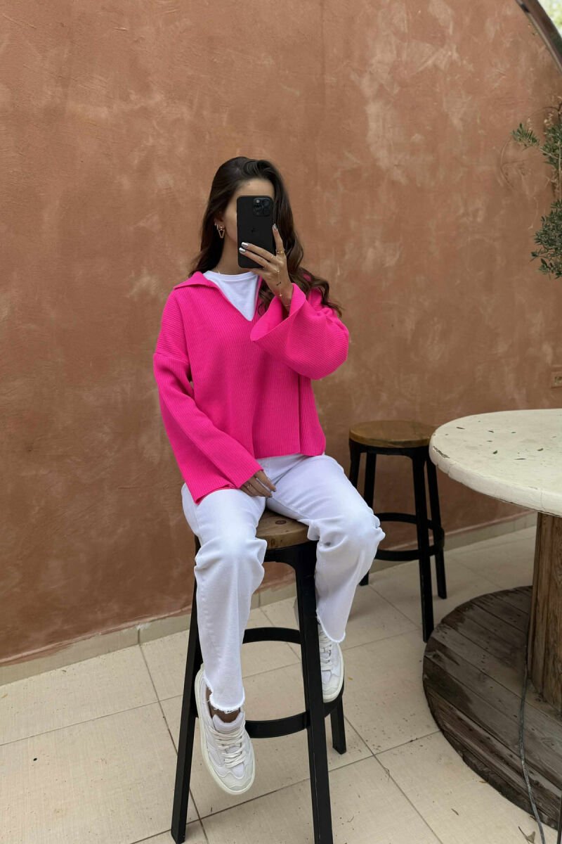 ONE COLOR POLO NECK WOMEN SWEATER FUCHSIA/CIKLAMI - 4