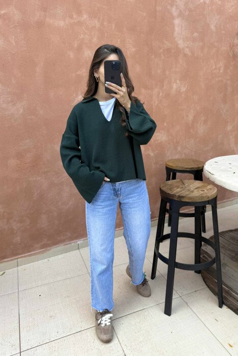 ONE COLOR POLO NECK WOMEN SWEATER GREEN/JESHILE - 1