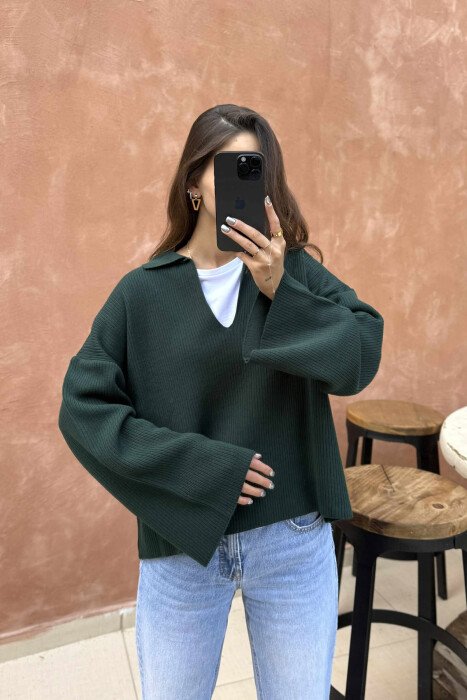ONE COLOR POLO NECK WOMEN SWEATER GREEN/JESHILE - 3