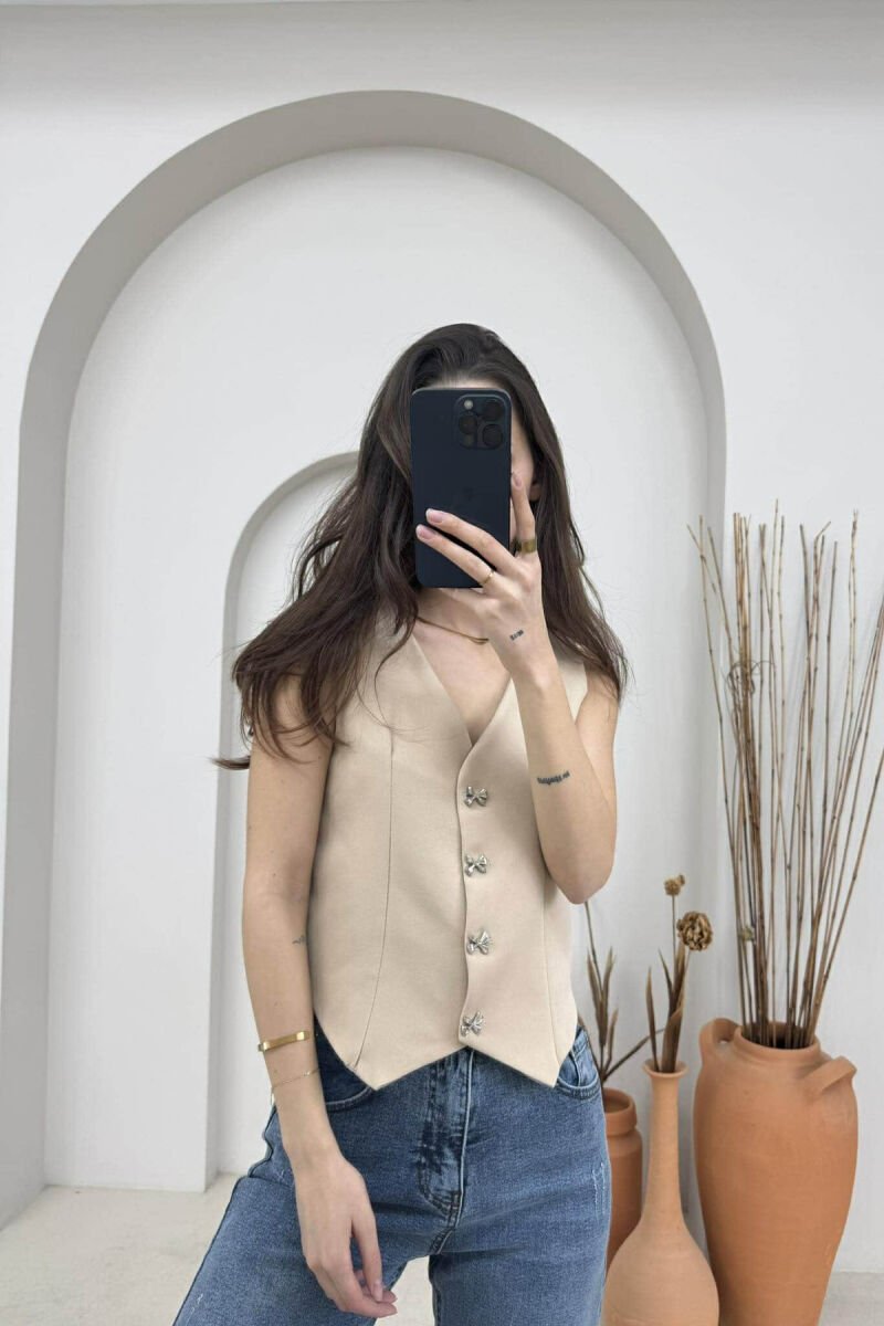 ONE COLOR RIBBON BUTTONS DETAIL WOMEN VEST BEIGE/BEZHE - 1