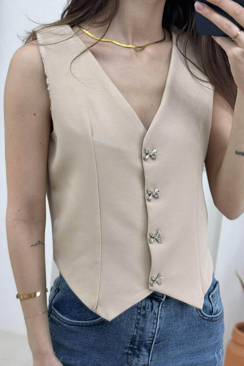 ONE COLOR RIBBON BUTTONS DETAIL WOMEN VEST BEIGE/BEZHE - 2