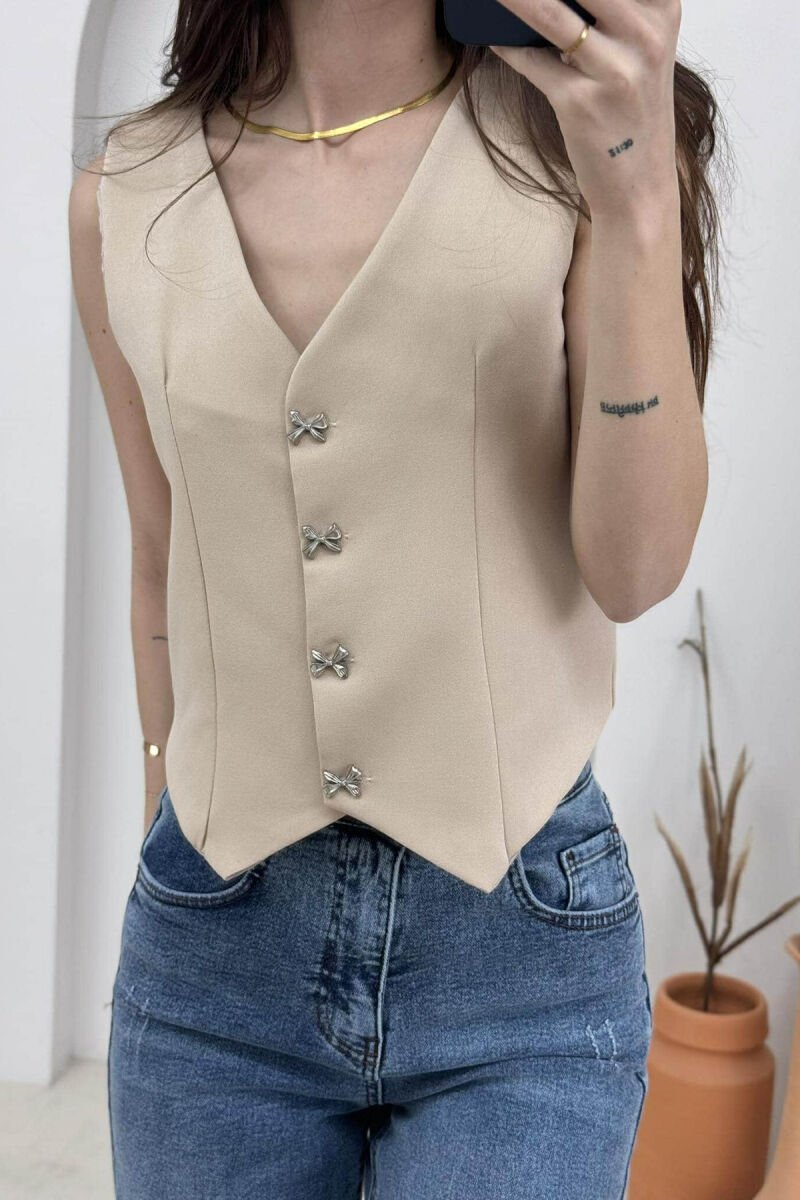 ONE COLOR RIBBON BUTTONS DETAIL WOMEN VEST BEIGE/BEZHE - 3