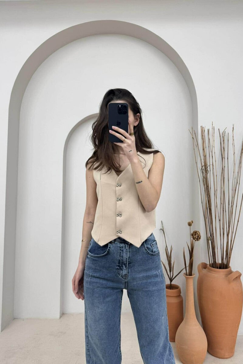 ONE COLOR RIBBON BUTTONS DETAIL WOMEN VEST BEIGE/BEZHE - 4
