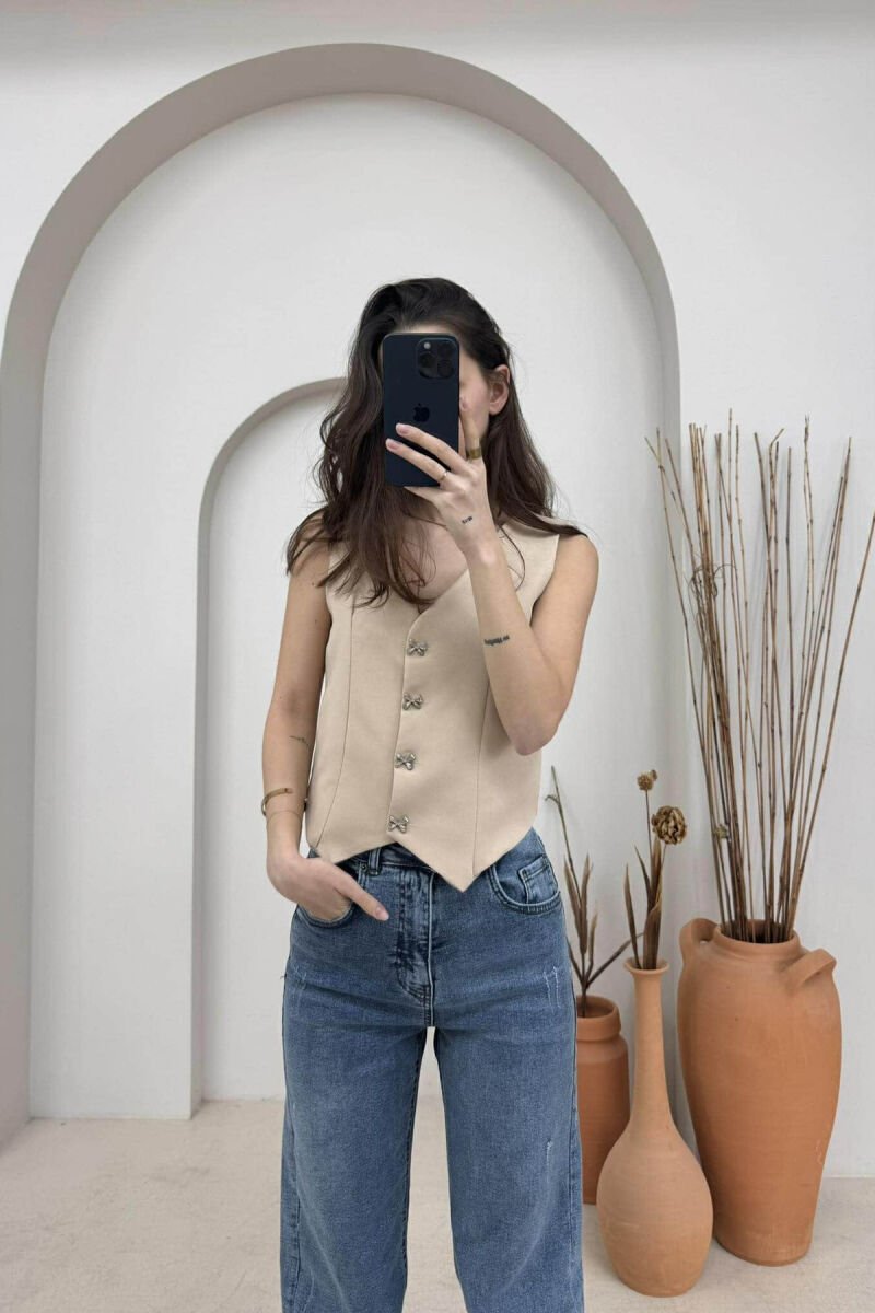 ONE COLOR RIBBON BUTTONS DETAIL WOMEN VEST BEIGE/BEZHE - 5
