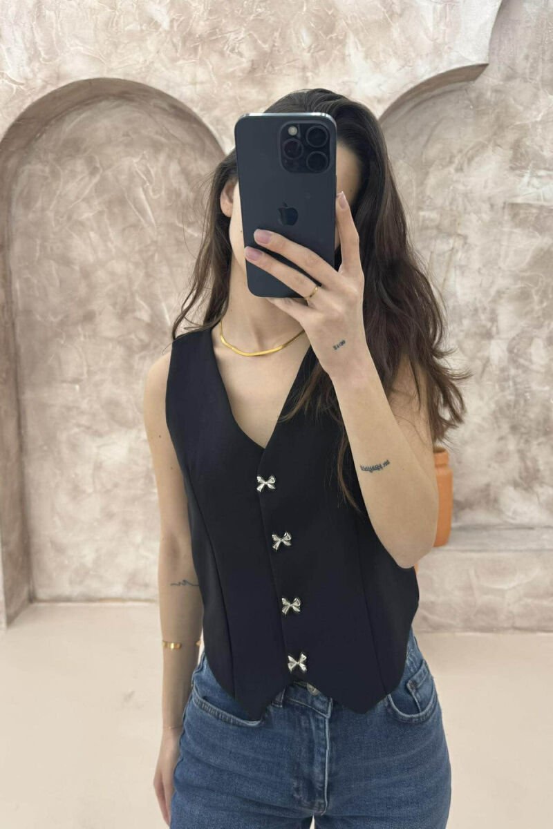 ONE COLOR RIBBON BUTTONS DETAIL WOMEN VEST BLACK/ E ZEZE - 2