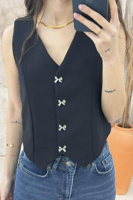 ONE COLOR RIBBON BUTTONS DETAIL WOMEN VEST BLACK/ E ZEZE - 3