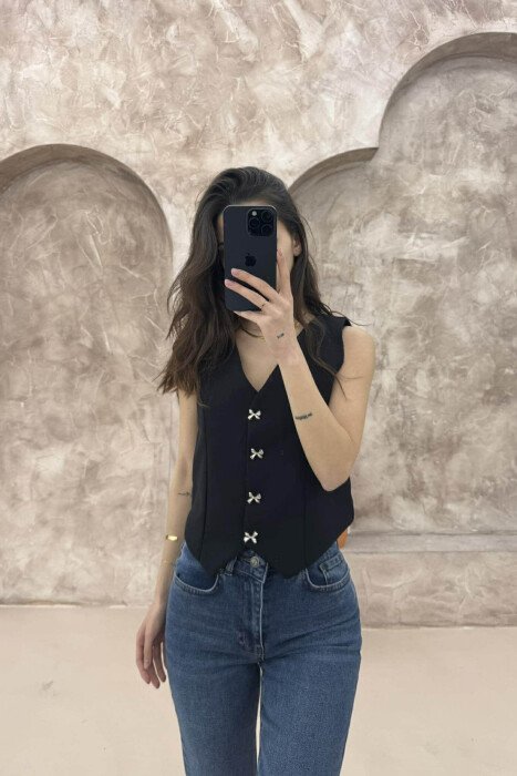 ONE COLOR RIBBON BUTTONS DETAIL WOMEN VEST BLACK/ E ZEZE - 4