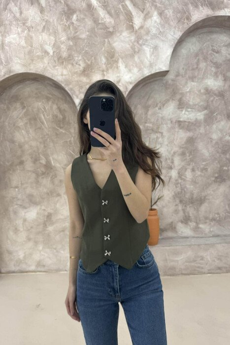ONE COLOR RIBBON BUTTONS DETAIL WOMEN VEST GREEN/JESHILE 
