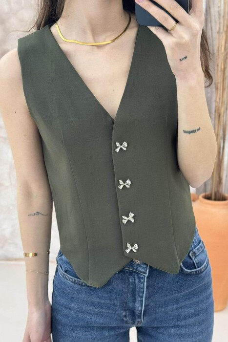 ONE COLOR RIBBON BUTTONS DETAIL WOMEN VEST GREEN/JESHILE - 3