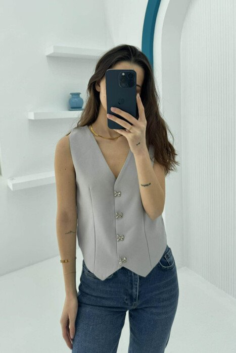 ONE COLOR RIBBON BUTTONS DETAIL WOMEN VEST LIGHT GREY/GZ - 1