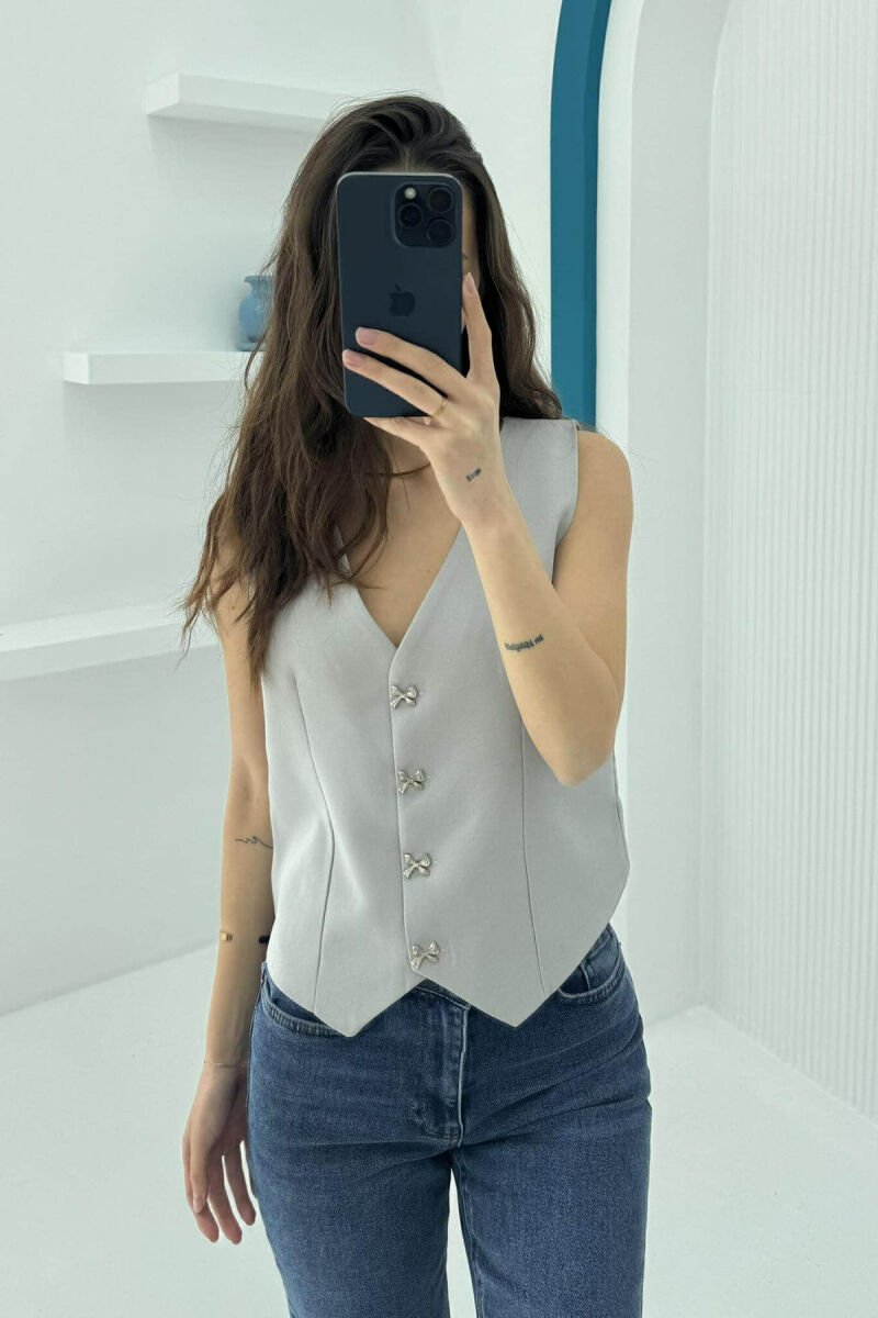 ONE COLOR RIBBON BUTTONS DETAIL WOMEN VEST LIGHT GREY/GZ - 2