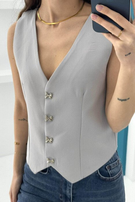 ONE COLOR RIBBON BUTTONS DETAIL WOMEN VEST LIGHT GREY/GZ - 3