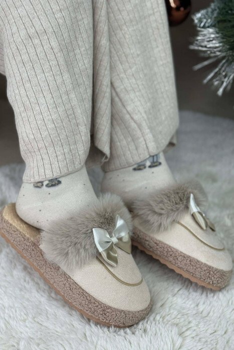 ONE COLOR RIBBON DETAIL WOMAN TEDDY SLIPPERS CREAM/KREM - KLAUDIO FASHION