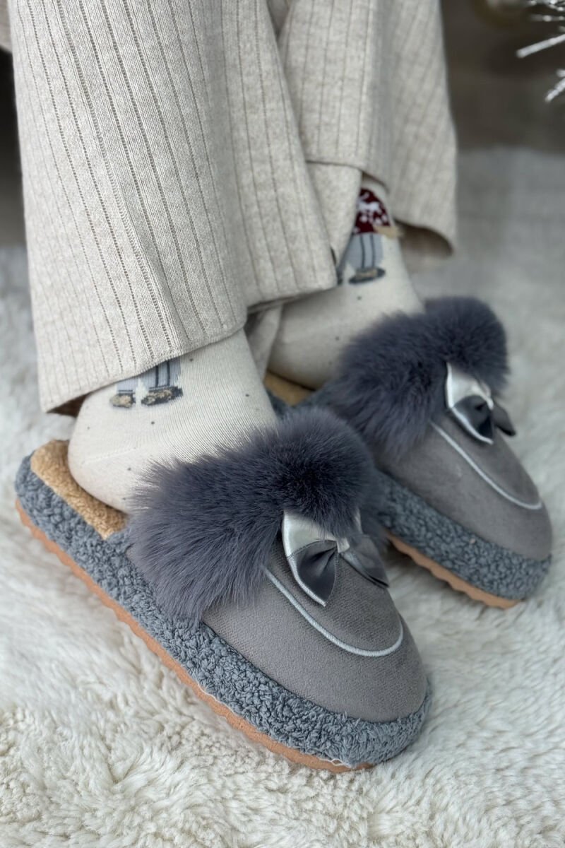 ONE COLOR RIBBON DETAIL WOMAN TEDDY SLIPPERS DARK GREY/GEE - 1