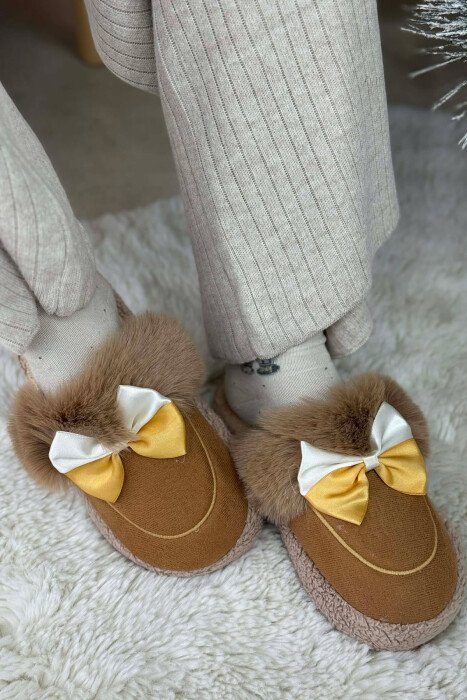 ONE COLOR RIBBON DETAIL WOMAN TEDDY SLIPPERS LIGHT BROWN/KAZB - KLAUDIO FASHION