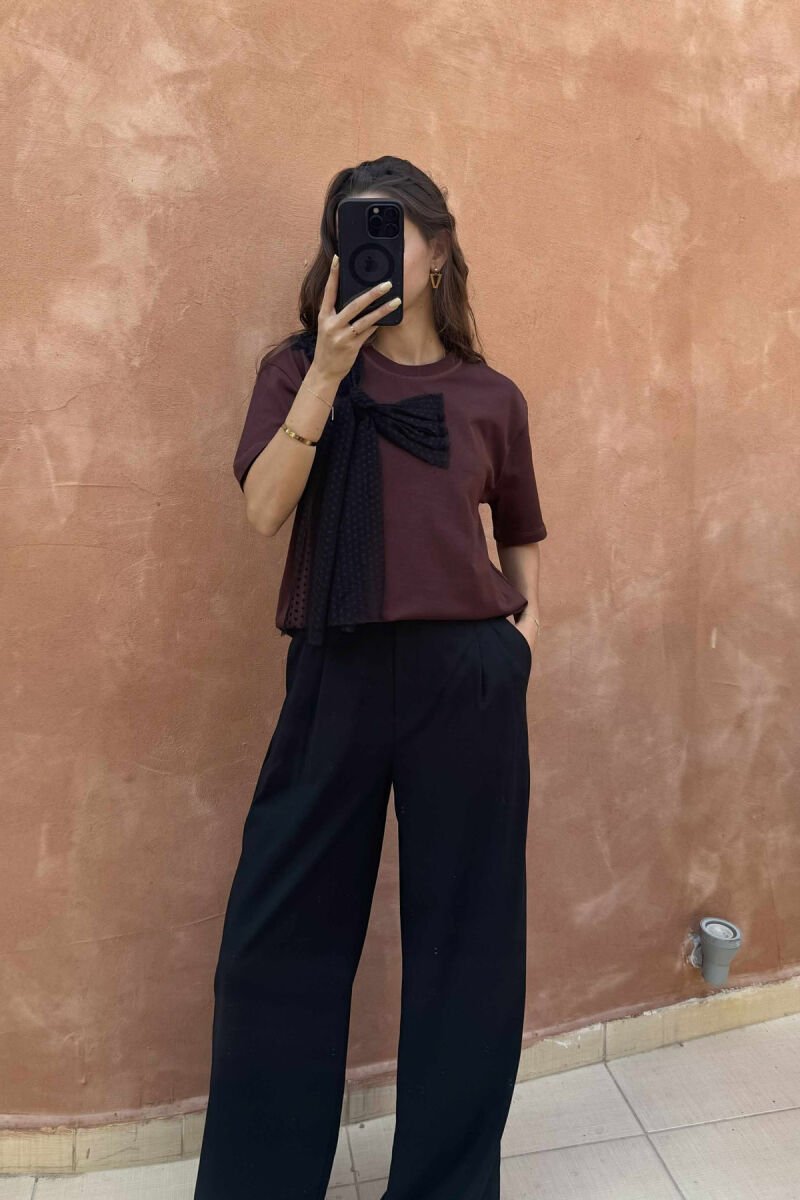 ONE COLOR RIBBON DETAIL WOMEN T-SHIRT BROWN/KAFE - 1