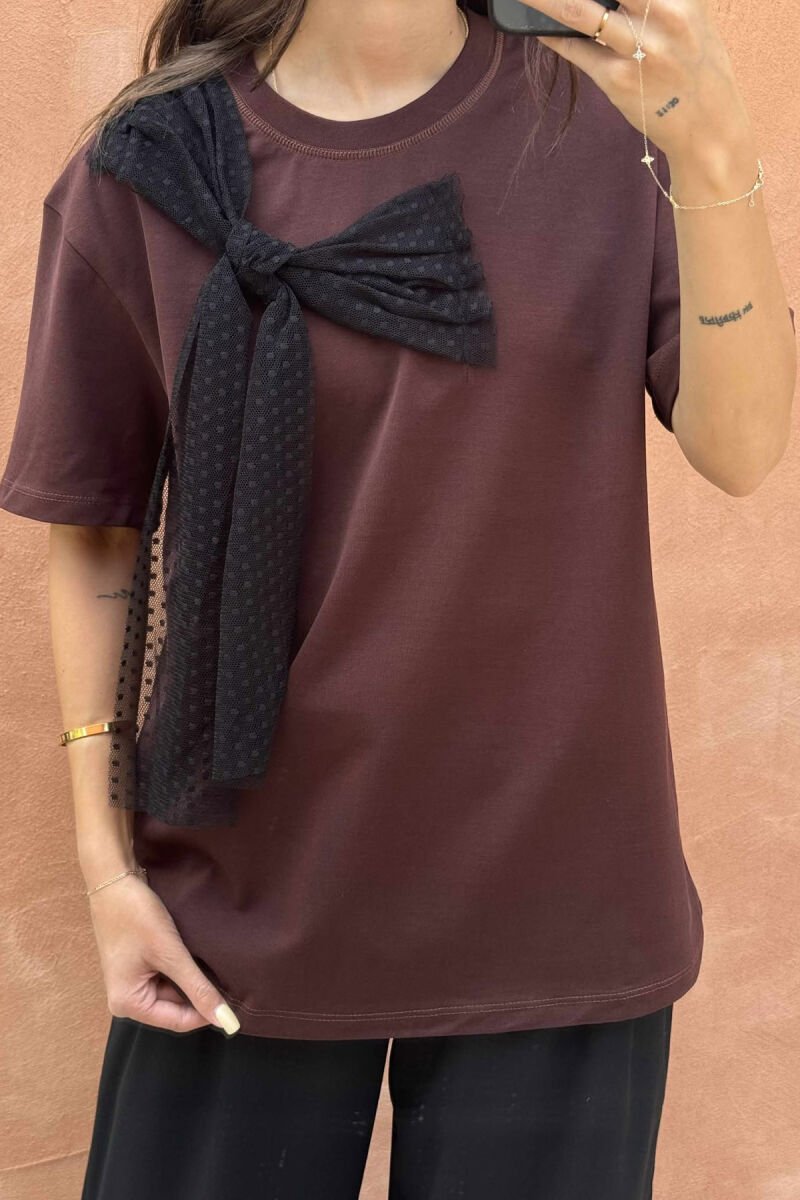 ONE COLOR RIBBON DETAIL WOMEN T-SHIRT BROWN/KAFE - 3