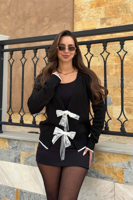 ONE COLOR RIBBON DETAILS WOMAN CARDIGAN BLACK/ E ZEZE - KLAUDIO FASHION