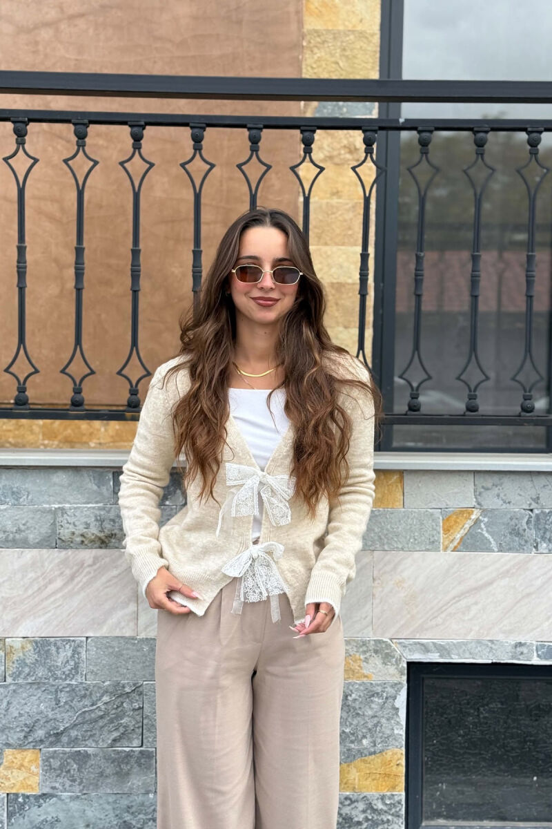 ONE COLOR RIBBON DETAILS WOMAN CARDIGAN CREAM/KREM - 1