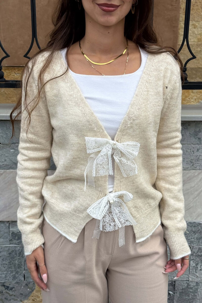 ONE COLOR RIBBON DETAILS WOMAN CARDIGAN CREAM/KREM - 3