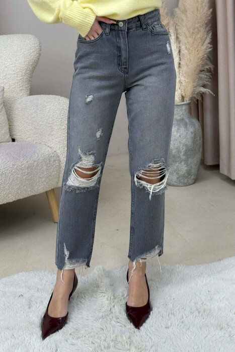 ONE COLOR RIPPED CUT OFF EDGES WOMEN JEANS GREY/GRI - KLAUDIO FASHION