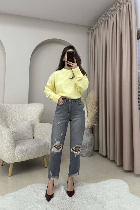 ONE COLOR RIPPED CUT OFF EDGES WOMEN JEANS GREY/GRI - 2