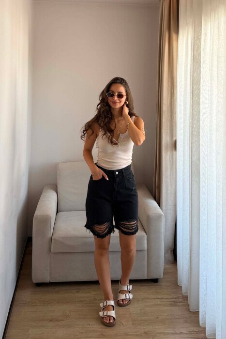 ONE COLOR RIPPED DENIM WOMAN SHORTS BLACK/ E ZEZE - KLAUDIO FASHION