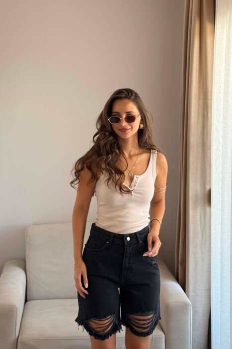 ONE COLOR RIPPED DENIM WOMAN SHORTS BLACK/ E ZEZE - 2