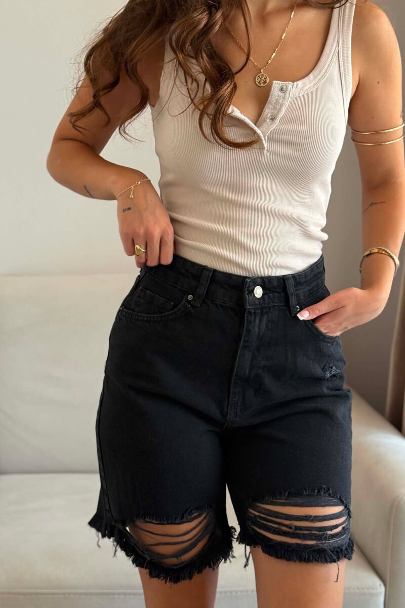 ONE COLOR RIPPED DENIM WOMAN SHORTS BLACK/ E ZEZE - 4