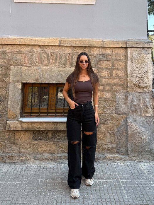ONE COLOR RIPPED WOMAN JEANS BLACK/ E ZEZE - KLAUDIO FASHION